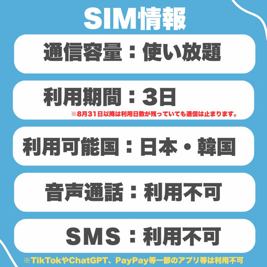 【日本・韓国SIM】利用日数3日 データ通信使い放題 4G高速通信 データ通信専用 ※SIM有効期限2026年8月31日まで
