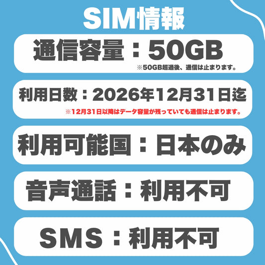 【日本eSIM】データ容量50GB au回線eSIM 日本プリペイドSIM JAPAN SIM prepaid sim 利用期限2026年12月31日まで ※eSIMの為、物理SIMの発送はありません。
