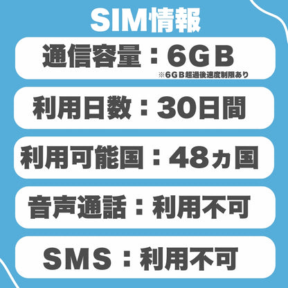 ヨーロッパ48ヵ国 物理SIM 利用期間30日データ容量6GB ヨーロッパ プリペイドSIM ローミングSIM　利用国：イタリア・フランス・イギリス・ドイツ・スペイン・フィンランド等