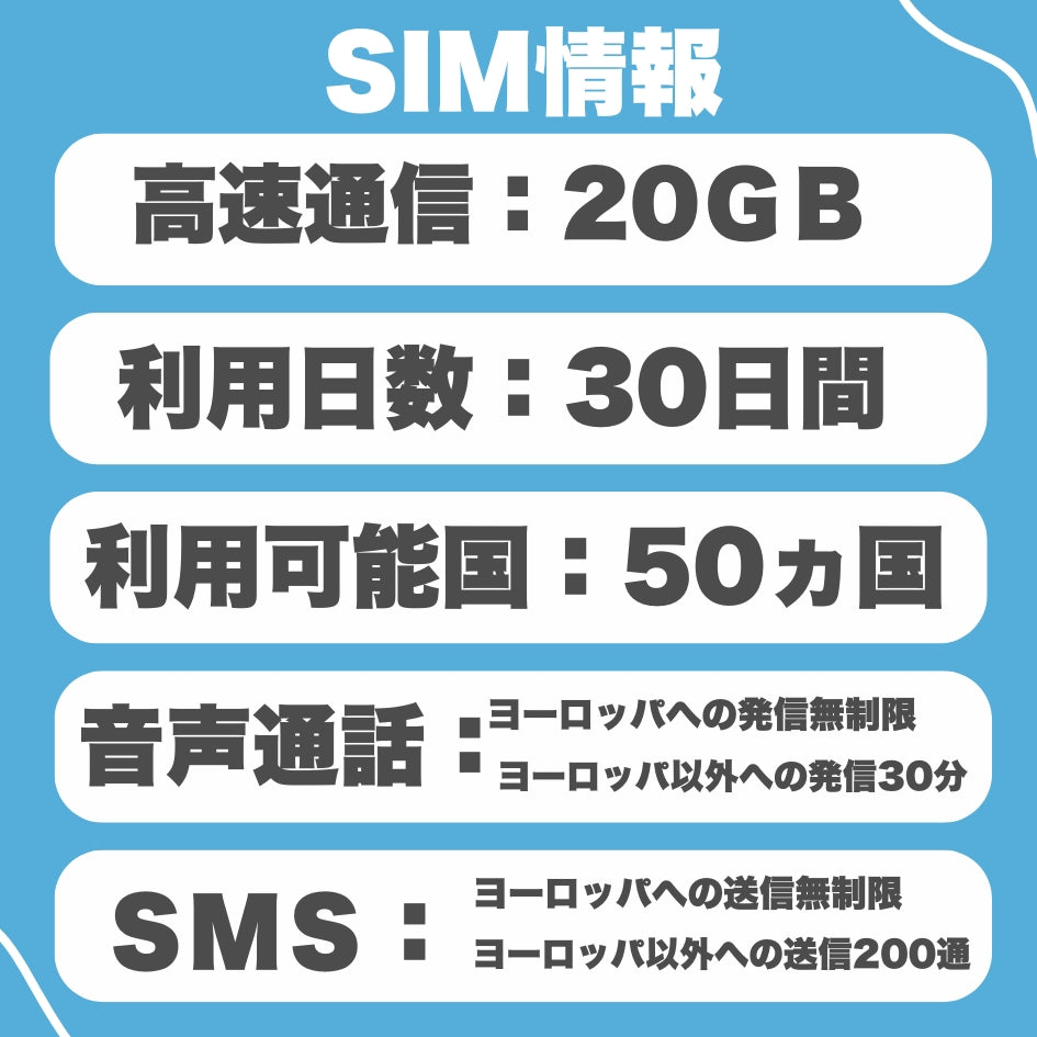 ヨーロッパ周遊50ヵ国 プリペイドSIMカード データ容量20GB 利用期間 30日 フランスの電話番号により無料通話付き(ヨーロッパ地域への音声発信無制限、日本等のヨーロッパ以外音声発信30分)
