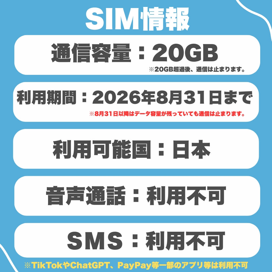 日本SIM au回線 データ容量20GB データ通信専用 日本 プリペイドSIM ※有効期限2026年8月31日まで