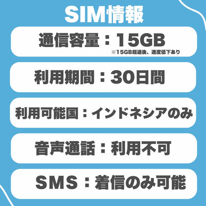 【インドネシア eSIM】プリペイドSIM  データ容量 15GB 利用期間 30日 ローミングSIM ESIM prepaidSIM インドネシアESIM　※eSIMの為、物理SIMの発送はありません。