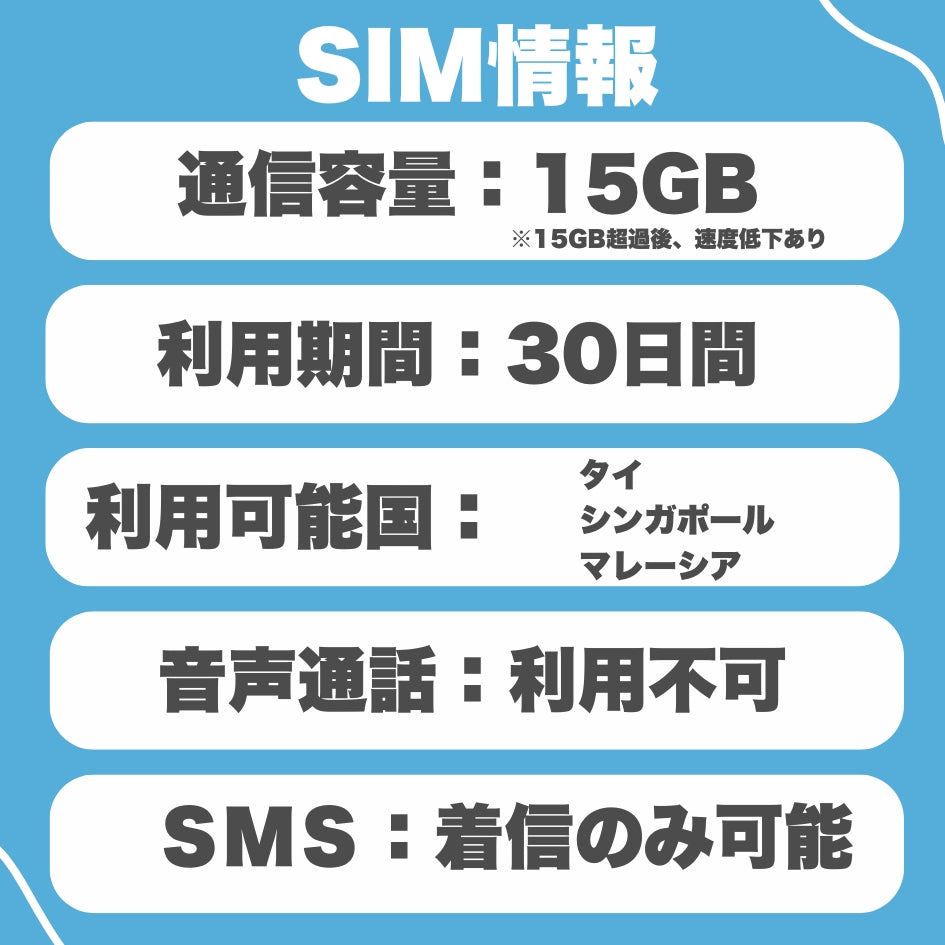【アジアeSIM】アジア3カ国 利用日数30日 データ容量15GB アジア プリペイドSIM / ※eSIMの為、物理SIMの発送はありません。