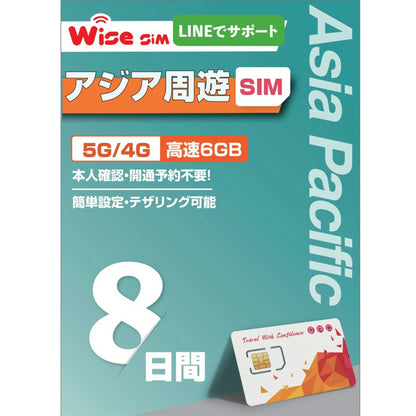 アジア10ヵ国周遊SIM 利用期間8日データ容量6GB データ通信 プリペイドSIM ローミングSIM 利用国：インドネシア、韓国、シンガポール、タイ、中国、日本、ベトナム、香港、マカオ、マレーシア