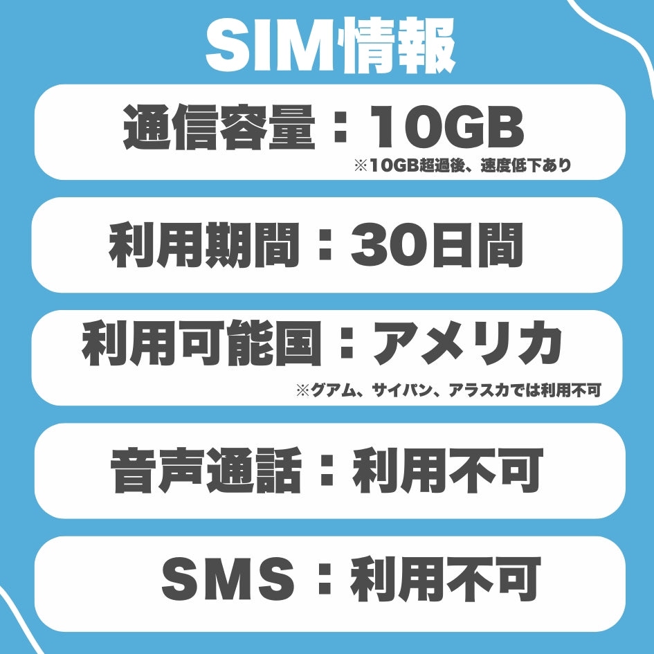 【アメリカeSIM】利用期間30日データ容量10GB アメリカプリペイドSIM データ通信専用 ローミングSIM  ※eSIMの為、物理SIMの発送はありません。