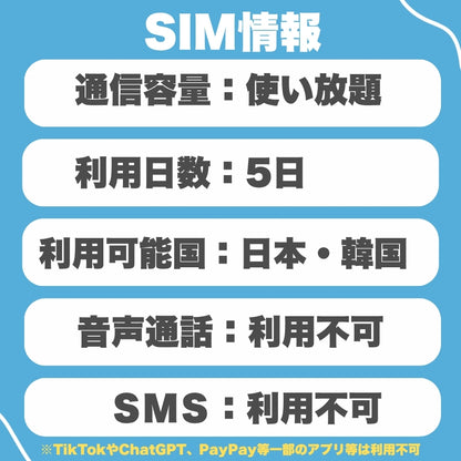 【日本・韓国SIM】利用日数5日 データ通信使い放題 4G高速通信 データ通信専用　※SIM有効期限2026年12月31日まで