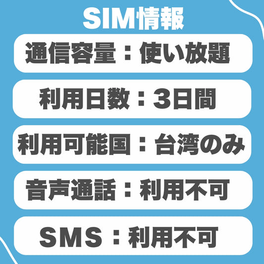 【台湾SIM】利用日数3日 データ通信使い放題 データ通信専用 台湾プリペイドSIM