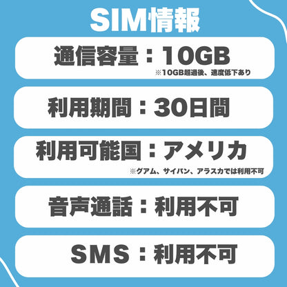 【アメリカeSIM】利用期間30日データ容量10GB アメリカプリペイド ESIM　データ通信専用 ローミングSIM  ※eSIMの為、物理SIMの発送はありません。