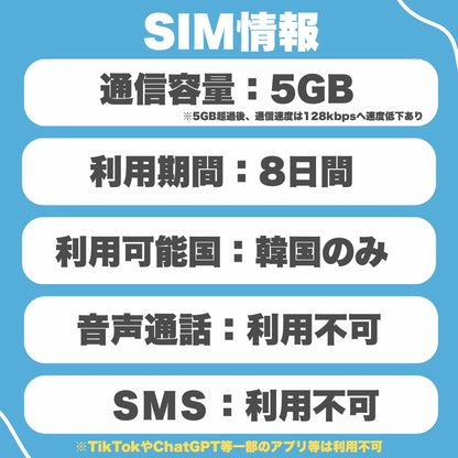 【韓国eSIM】利用日数8日 データ容量5GB 韓国プリペイドSIM 韓国プリペイドSIM / ※esimの為、物理SIMの発送はありません。