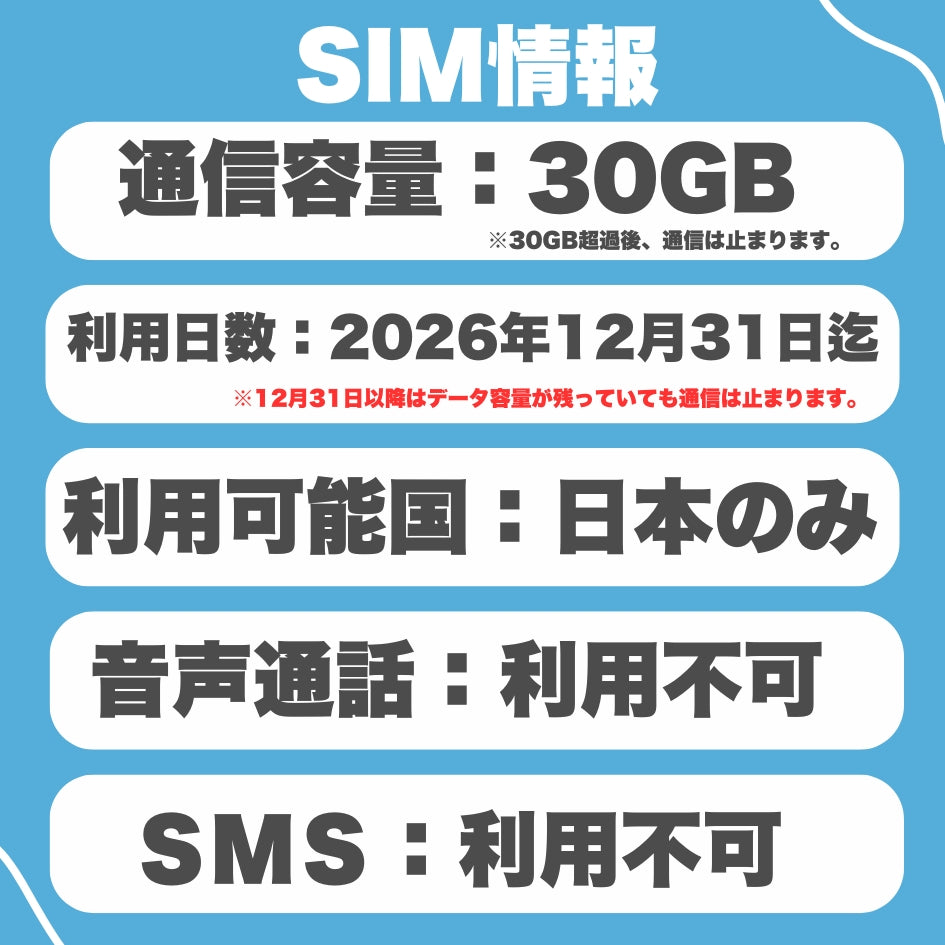 【日本eSIM】データ容量30GB au回線eSIM 日本プリペイドSIM JAPAN SIM prepaid sim 利用期限2026年12月31日まで　※eSIMの為、物理SIMの発送はありません。
