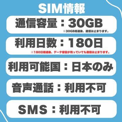 【日本eSIM】データ容量30GB 利用日数180日 au回線eSIM 日本プリペイドSIM JAPAN SIM prepaid sim ※eSIMの為、物理SIMの発送はありません。