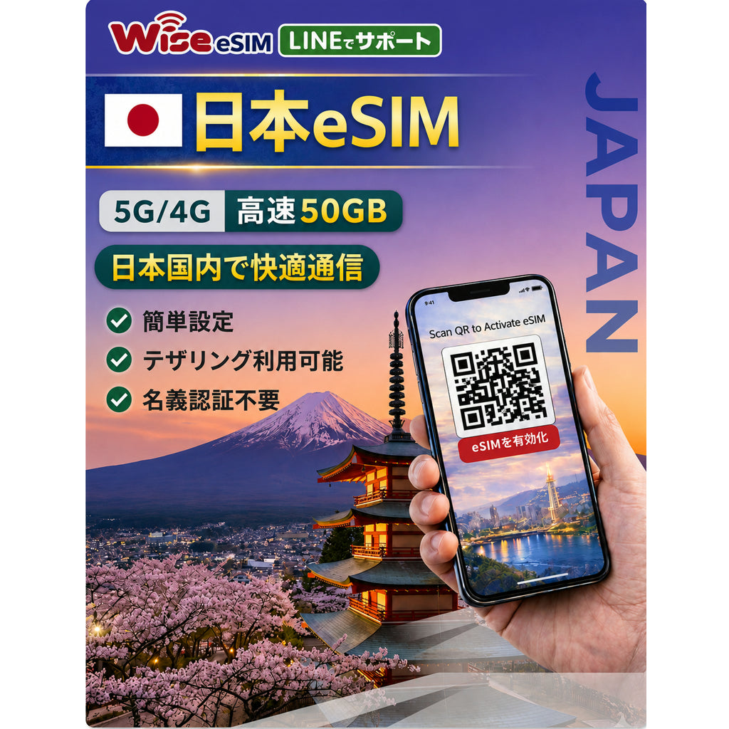 【日本eSIM】データ容量50GB au回線eSIM 日本プリペイドSIM JAPAN SIM prepaid sim 利用期限2026年12月31日まで　※eSIMの為、物理SIMの発送はありません。
