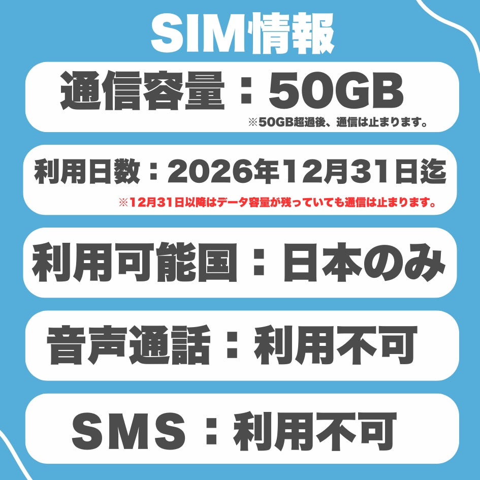 【日本eSIM】データ容量50GB au回線eSIM 日本プリペイドSIM JAPAN SIM prepaid sim 利用期限2026年12月31日まで　※eSIMの為、物理SIMの発送はありません。