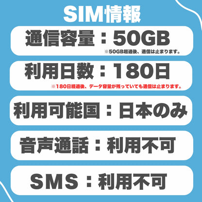 【日本eSIM】データ容量50GB 利用日数180日 au回線eSIM 日本プリペイドSIM JAPAN SIM prepaid sim ※eSIMの為、物理SIMの発送はありません。