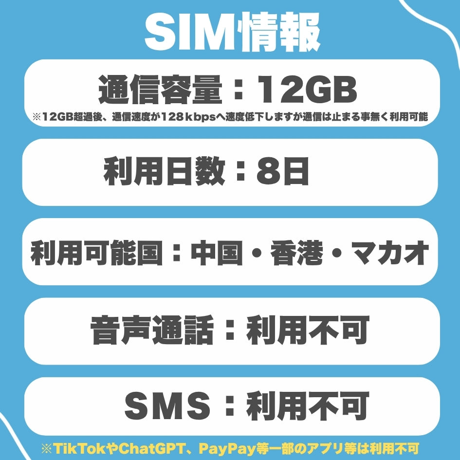 【eSIM】中国・香港・マカオ 利用日数8日 データ容量12GB 中国eSIM 香港eSIM マカオeSIM / ※esimの為、物理SIMの発送はありません。