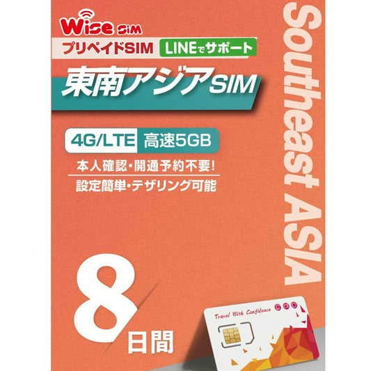 東南アジア 5ヵ国周遊SIM 利用期間 8日 データ容量5GB データ通信専用 プリペイドSIM ローミングSIM インドネシア・シンガポール・タイ・ベトナム・マレーシア　　： 【物理SIM】/【eSIM(チャージプラン)】